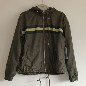 New Look Unisex Windbreaker Jacket Size Large Olive Green Full Zip With A Hoodie
